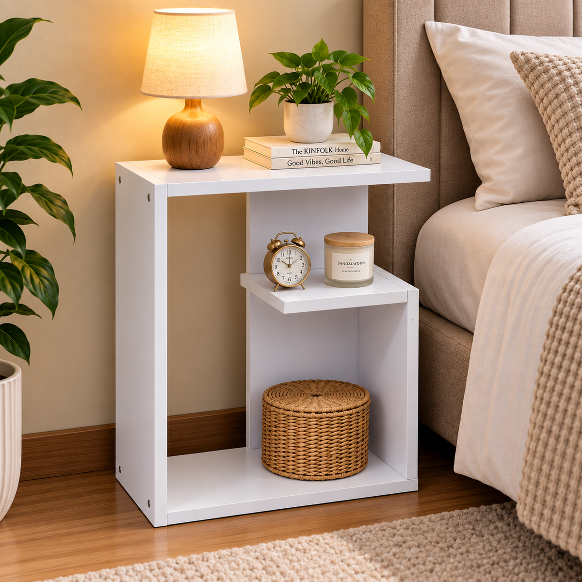Premium Bedside Table G Shape White
