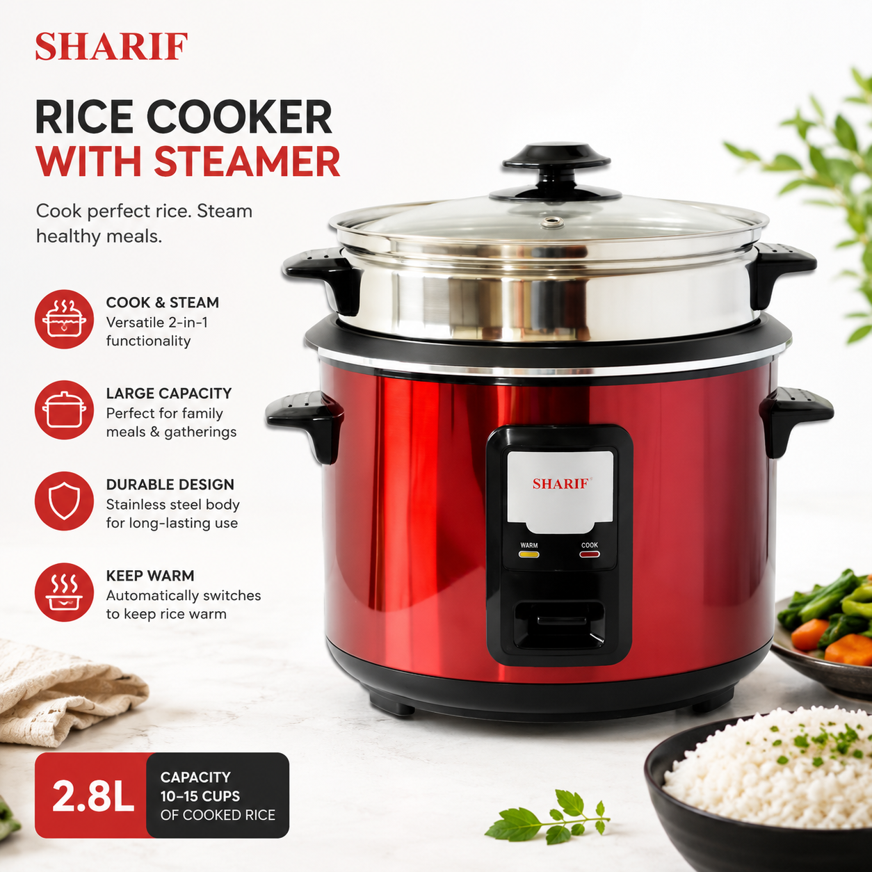 Sharif Rice Cooker 2.8 Ltr Double Pot SS+Nonstick