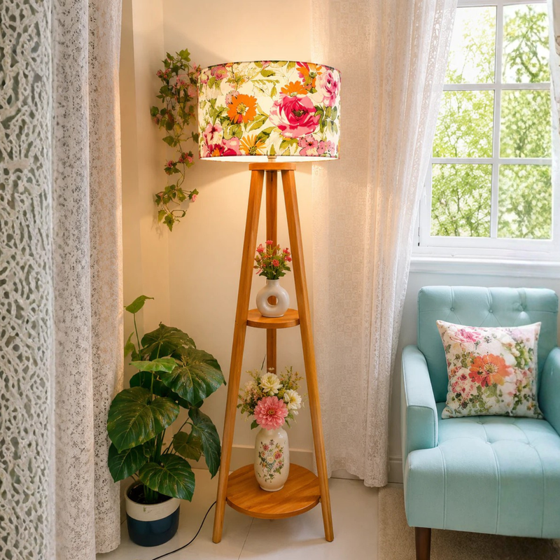 Floor Lamp Round Leg 2 shelves wood color - Elegant Home