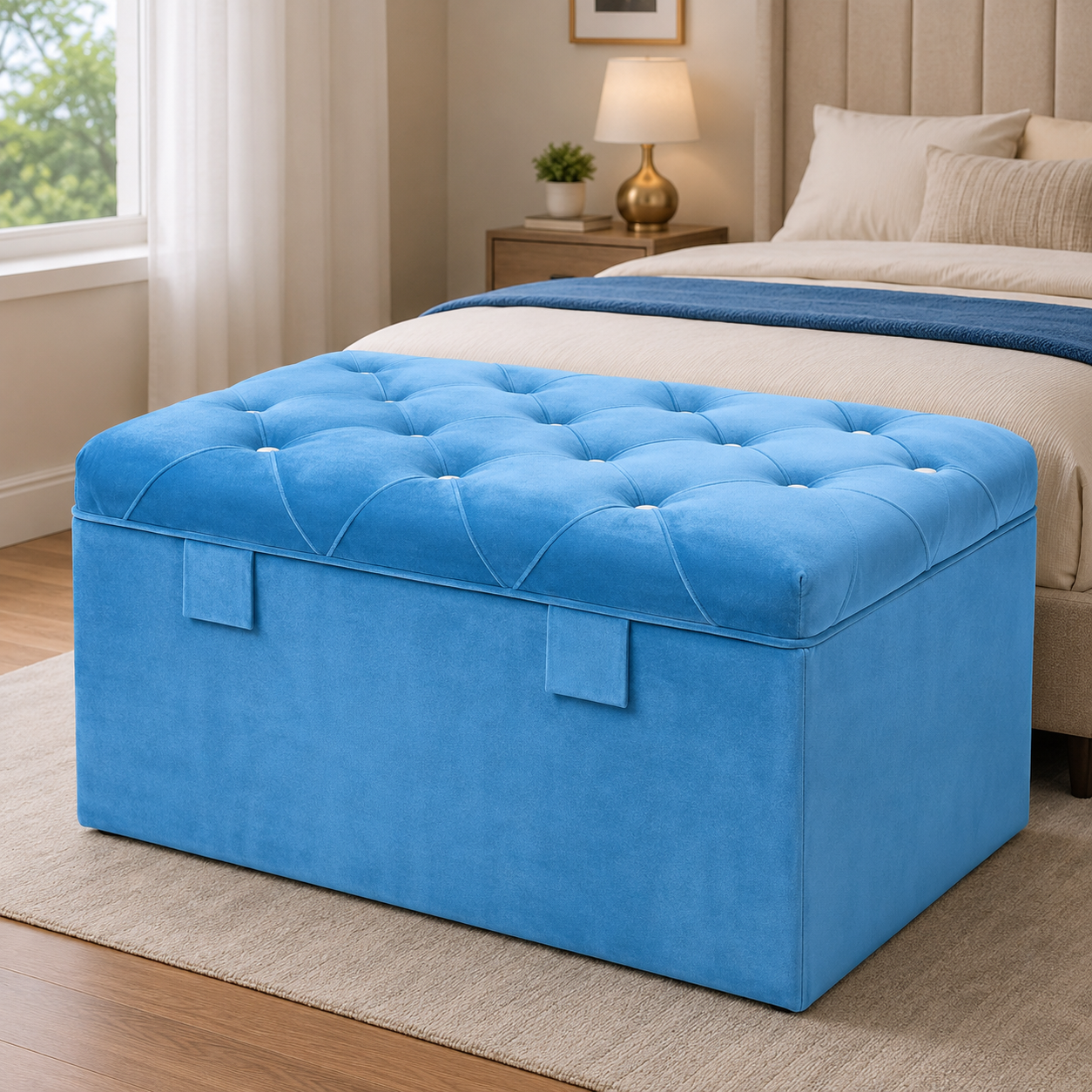 Blue tufted storage ottoman in a bedroom setting.