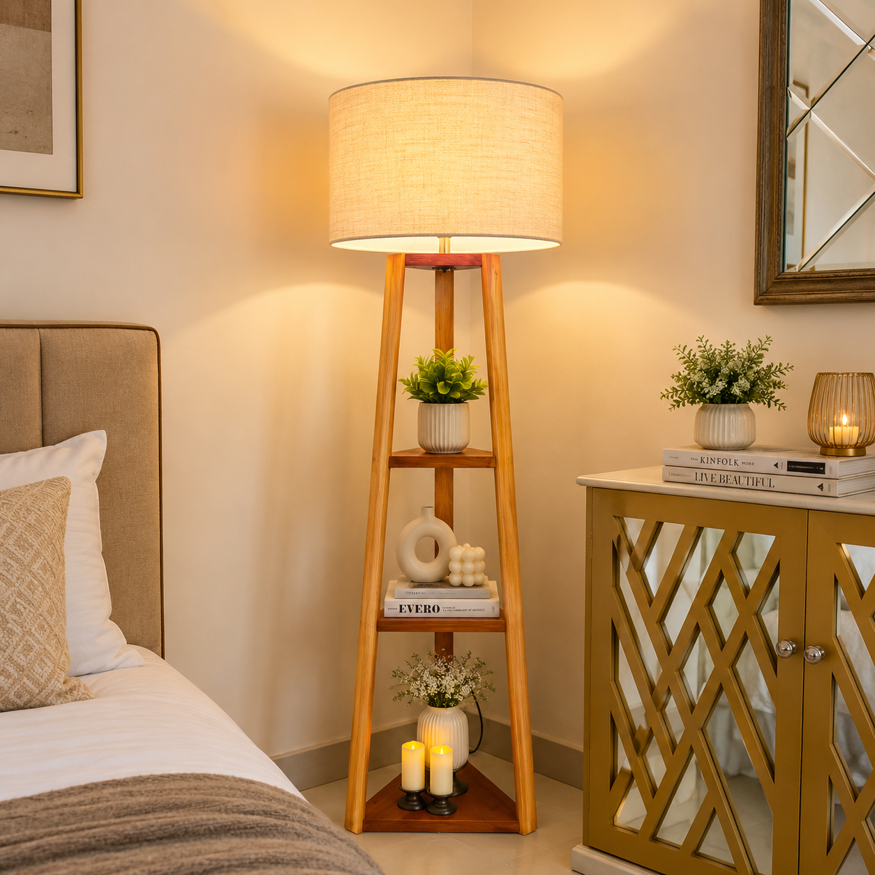 Corner Lamp Triangle Shape Wood Color - Elegant Home