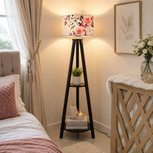 Floor Lamp Round Leg 2 Shelves Black Color