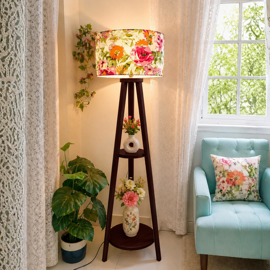 Floor Lamp Round Leg 2 Shelves Chocolate Color