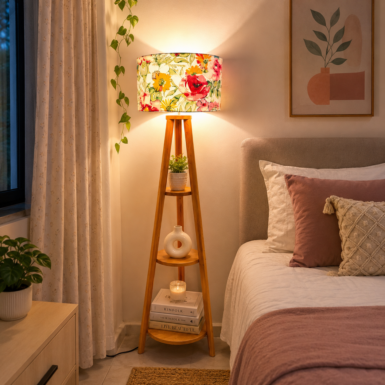 Floor Lamp Round Leg 3 shelves wood color - Elegant Home