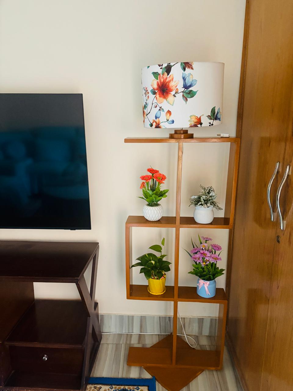 Floor Lamp with Book Shelves S Shape Wood Color